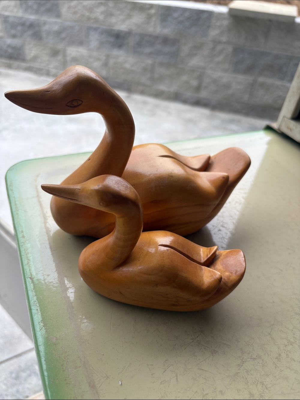 Vintage Handcarved Wooden Duck Figurines in Warm Brown